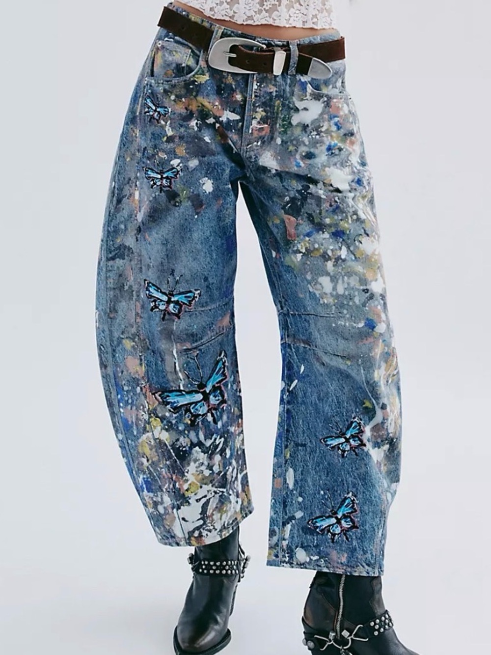 Free People Blue Paint-Splatter Wide-Leg Jeans with Butterfly Motif - Picture 3 of 15